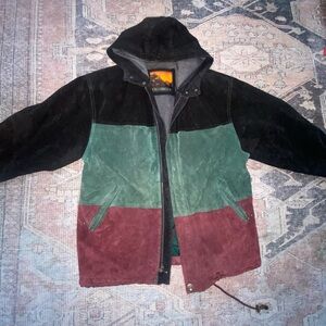 Rare Vintage 90s Outbrook Colorblock Suede Hooded Jacket – Gorpcore / Indie